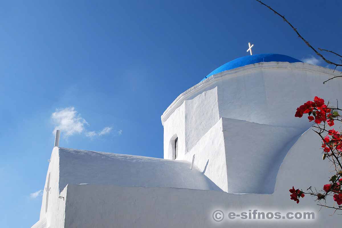 Church with bougainvillea in Apollonia