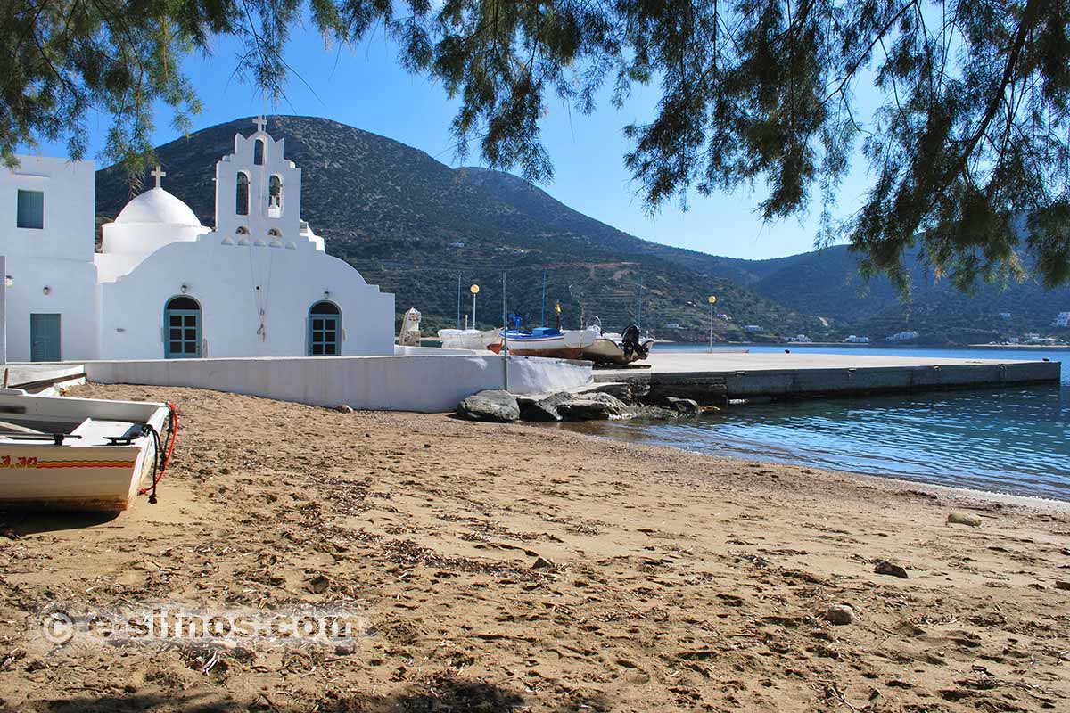 Vathi beach and the church of Taxiarhis in Sifnos