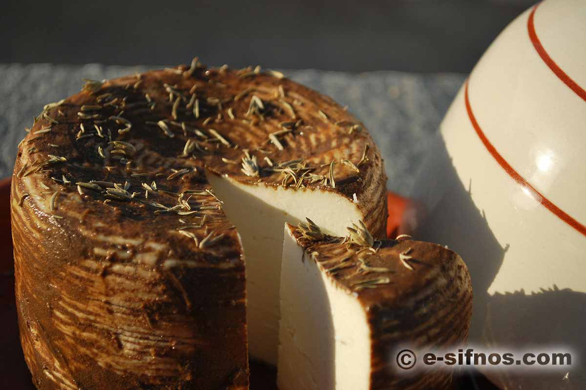 Manoura [cheese] matured in wine lees, traditional cheese of Sifnos
